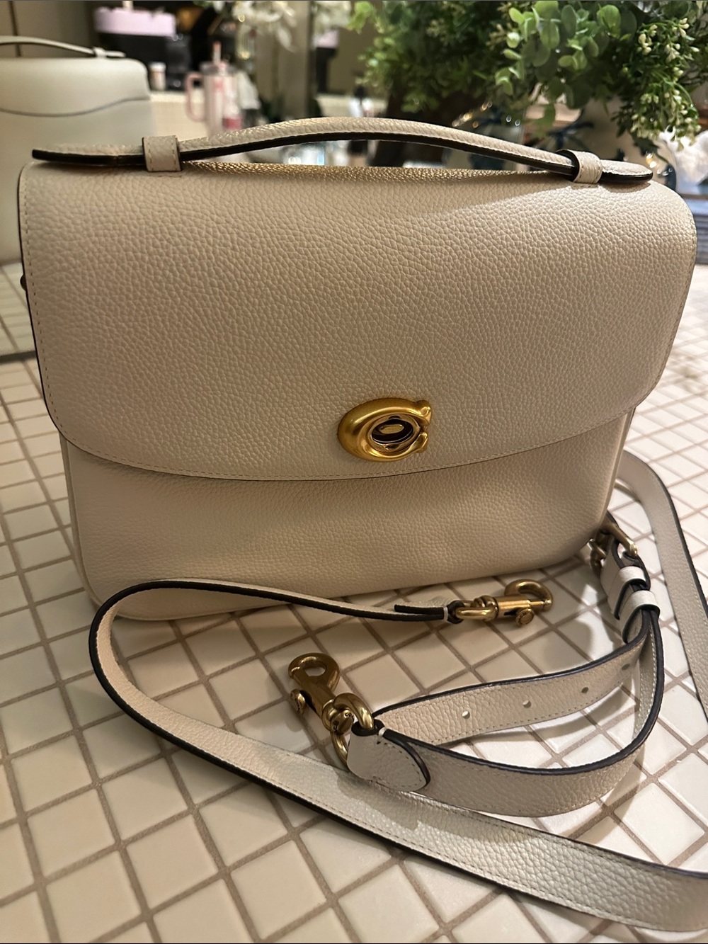 Coach Ivory Pebble Leather Top-Handle Crossbody with Gold Hardware coach cassie